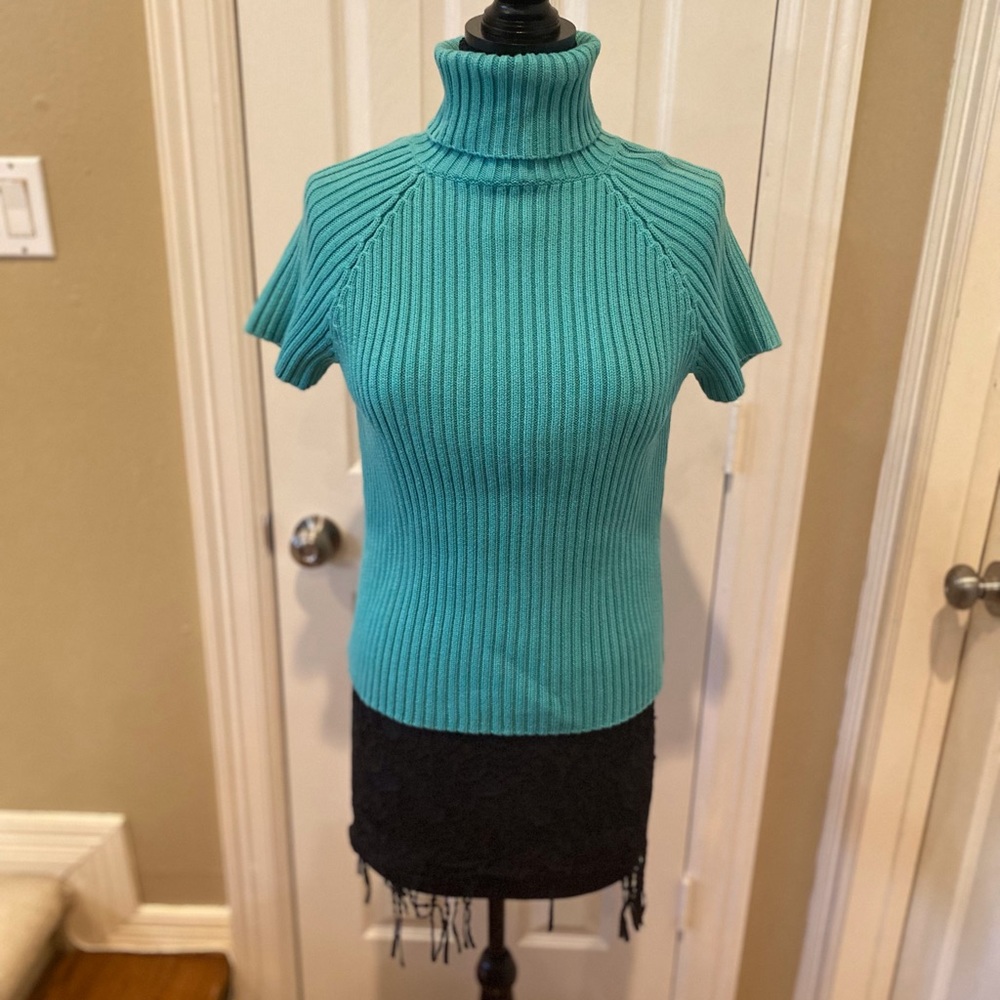 NWT Neiman Marcus Vintage Green Short Sleeve Turtleneck Knit Sweater Size M